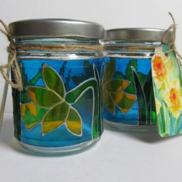 Handpainted Upcycled Glass Jars, Yellow Daffodils, Candel Holders, Home Decor, Spring - thumbnail 3