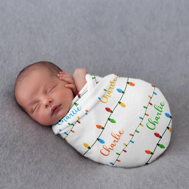 Personalized Christmas Bulbs Swaddle Blanket, Baby Shower Gift, Newborn Customised Wrap Beanie Headband Set Gift - image 1
