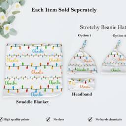Personalized Christmas Bulbs Swaddle Blanket, Baby Shower Gift, Newborn Customised Wrap Beanie Headband Set Gift - thumbnail 2