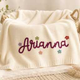 Personalized Crochet Baby Blanket, Custom Name Cotton Knit Soft Newborn Swaddle - thumbnail 3