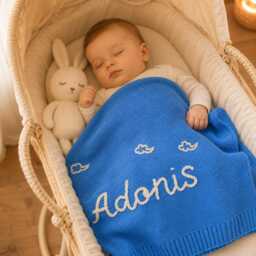 Personalized Crochet Baby Blanket, Custom Name Cotton Knit Soft Newborn Swaddle - thumbnail 1