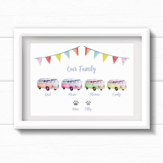 Campervan Family Wall Art, Personalised Camper Family Print, Birthday Gift For Van Loving Family, Housewarming Present - image 1