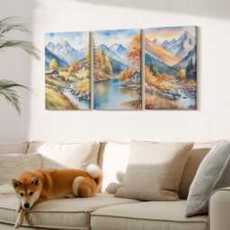 Set Of 3 Canvas Prints - Painted Autumn Mountains With A River & Cottages, Orange Wall Art Print, Landscapes Hanging Piece - thumbnail 3