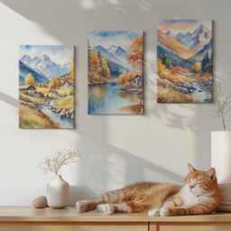Set Of 3 Canvas Prints - Painted Autumn Mountains With A River & Cottages, Orange Wall Art Print, Landscapes Hanging Piece - thumbnail 2