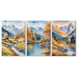 Set Of 3 Canvas Prints - Painted Autumn Mountains With A River & Cottages, Orange Wall Art Print, Landscapes Hanging Piece