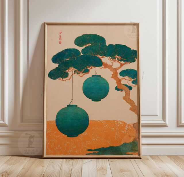 Japanese Lantern Poster - Teal Paper Lanterns & Pine Tree Art Print Asian Wall Decor - image 1