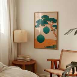 Japanese Lantern Poster - Teal Paper Lanterns & Pine Tree Art Print Asian Wall Decor - thumbnail 3