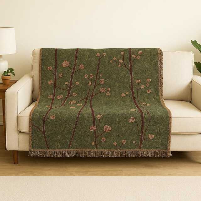 Green Woven Throw Blanket Floral Branch Tapestry, Boho Decor - image 1