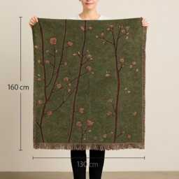 Green Woven Throw Blanket Floral Branch Tapestry, Boho Decor - thumbnail 2