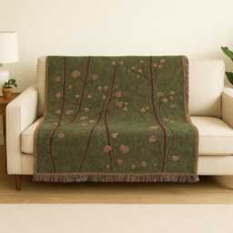 Green Woven Throw Blanket Floral Branch Tapestry, Boho Decor - thumbnail 1