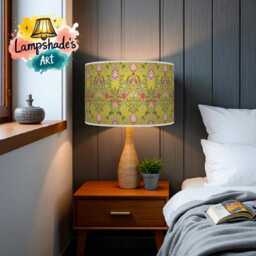 Morris Inspired Drum Handmade Lampshade - Yellow Pink Grey Floral Ceiling Light Art Nouveau Lamp Shade For Living Room Or Bedroom - thumbnail 2