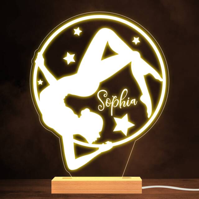 Silhouette Of A Gymnast Girl Stars Round Gymnastics White Night Light - Personalised Gift Bedroom Lamp - image 1