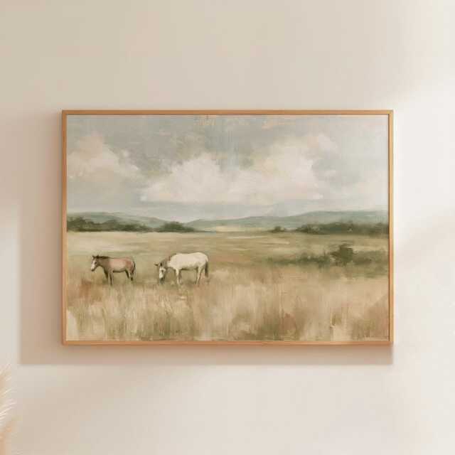 Horse Meadow Poster, Neutral Pasture Print, Country Wall Art, Paper - image 1