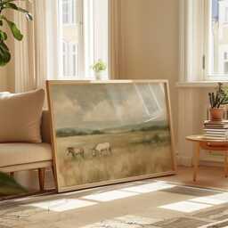 Horse Meadow Poster, Neutral Pasture Print, Country Wall Art, Paper - thumbnail 3