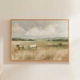 Horse Meadow Poster, Neutral Pasture Print, Country Wall Art, Paper - thumbnail 1
