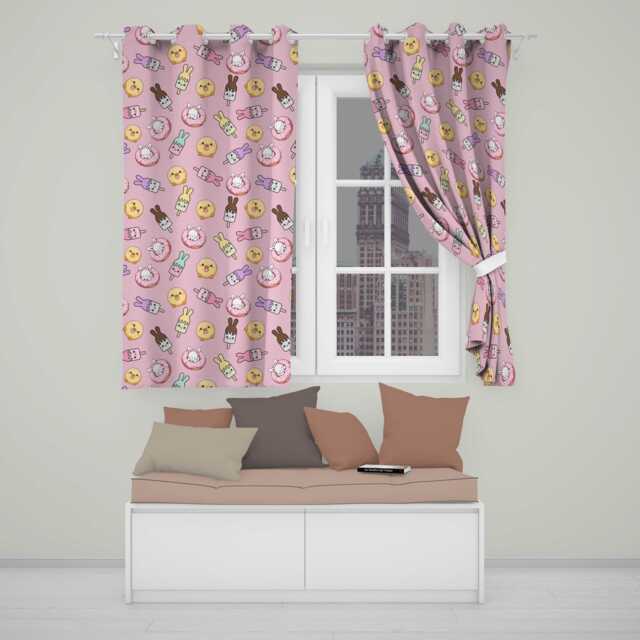 Cute Bunny Ice Cream Donut Chick Kawaii Seamless Pattern Pink Background Readymade Eyelet Ring Top Thermal 100% Blackout Curtains - image 1