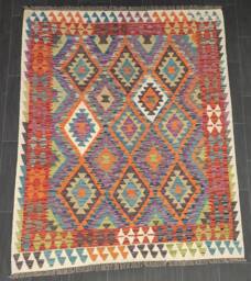 Afghan Kilim Rug, Handmade Artisan Multicoloured Natural Wool Flatweave, Geometric Design, 199x155 cm - thumbnail 1