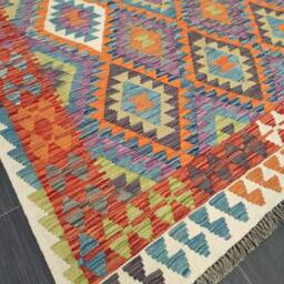 Afghan Kilim Rug, Handmade Artisan Multicoloured Natural Wool Flatweave, Geometric Design, 199x155 cm - thumbnail 2