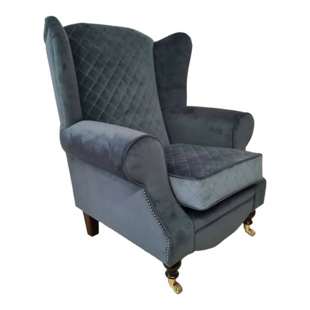 Queen Anne Wingback Chair Grey Quilted Cottage Style, Brass Castor Legs - image 1