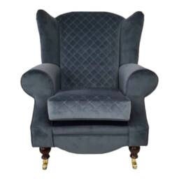 Queen Anne Wingback Chair Grey Quilted Cottage Style, Brass Castor Legs - thumbnail 3