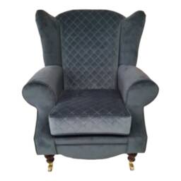 Queen Anne Wingback Chair Grey Quilted Cottage Style, Brass Castor Legs - thumbnail 2
