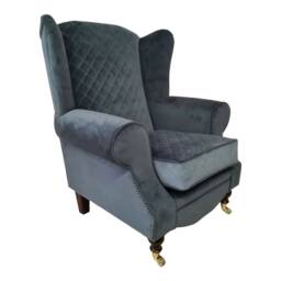 Queen Anne Wingback Chair Grey Quilted Cottage Style, Brass Castor Legs