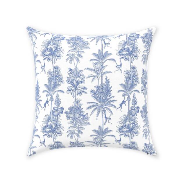 Chinoiserie Monkey Pillow Cover - Pure Cotton Twill Print Fabric Vintage Exotic Tropical Jungle Design Blue & White Decorative Cushion - image 1
