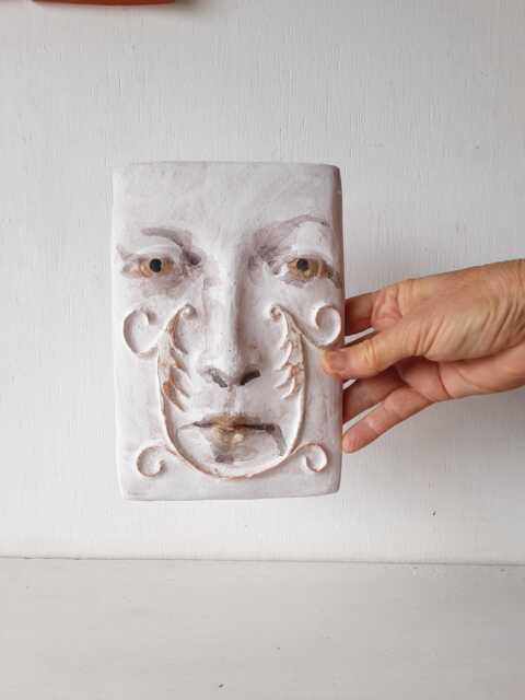 White Pottery Wall Sculpture With Italian Style Flourishes On A Face, Art Lover Gift, No.11 - image 1