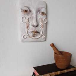 White Pottery Wall Sculpture With Italian Style Flourishes On A Face, Art Lover Gift, No.11 - thumbnail 2