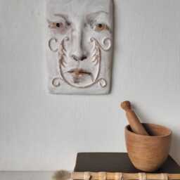 White Pottery Wall Sculpture With Italian Style Flourishes On A Face, Art Lover Gift, No.11 - thumbnail 3