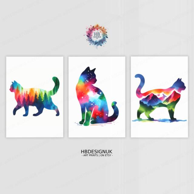 Colourful Cat Prints - Set Of 3 Abstract Posters - Watercolour Artwork Cats Wall Hanging Home Decor Gift For Lover Vibrant - image 1