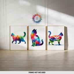 Colourful Cat Prints - Set Of 3 Abstract Posters - Watercolour Artwork Cats Wall Hanging Home Decor Gift For Lover Vibrant - thumbnail 2