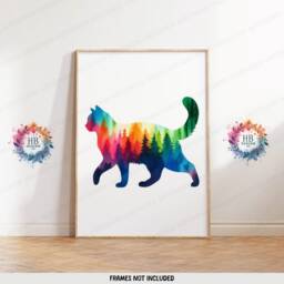 Colourful Cat Prints - Set Of 3 Abstract Posters - Watercolour Artwork Cats Wall Hanging Home Decor Gift For Lover Vibrant - thumbnail 3
