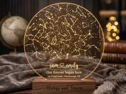 Personalized Star Map Night Light, Custom Constellation Anniversary Gift, Wood Base Lamp