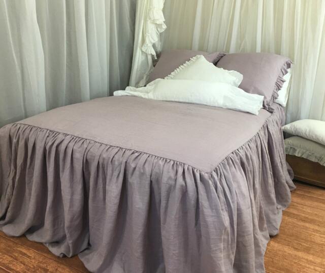 Orchid Linen Bedspread, Waterfall Ruffle Bed Cover, Bedding Shabby Chic - image 1