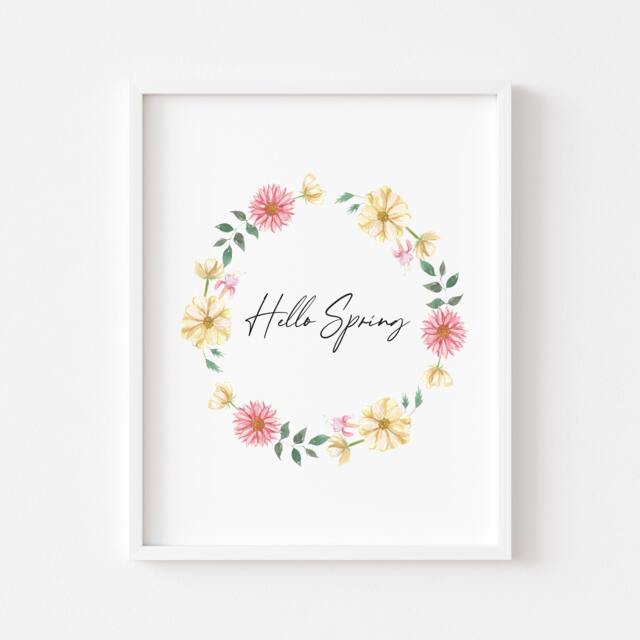 Watercolour Spring Wreath Print Pink & Yellow Floral Wall Art - Unframed - image 1