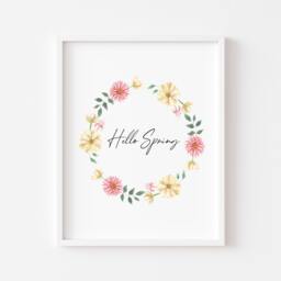 Watercolour Spring Wreath Print Pink & Yellow Floral Wall Art - Unframed - thumbnail 1