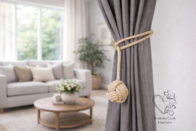 Handmade Natural Jute Rope Curtain Tiebacks - Small Monkey Fist Knot Beige Holdbacks - image 1