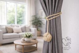 Handmade Natural Jute Rope Curtain Tiebacks - Small Monkey Fist Knot Beige Holdbacks - thumbnail 1