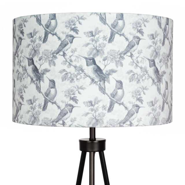 Grey White Bird Print Lampshade 25cm 30cm 35cm 40cm 45cm - Drum Lamp Shade Velvet Handmade Home Decor Ceiling Floral Birds Greyscale - image 1