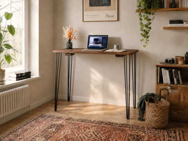 Solid Wood Standing Desk With Optional Keyboard Tray & Monitor Shelf, Rustic Home Office Workstation, Tall Black Hairpin Legs - image 1