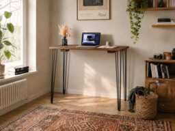 Solid Wood Standing Desk With Optional Keyboard Tray & Monitor Shelf, Rustic Home Office Workstation, Tall Black Hairpin Legs
