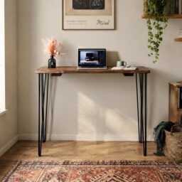 Solid Wood Standing Desk With Optional Keyboard Tray & Monitor Shelf, Rustic Home Office Workstation, Tall Black Hairpin Legs - thumbnail 3