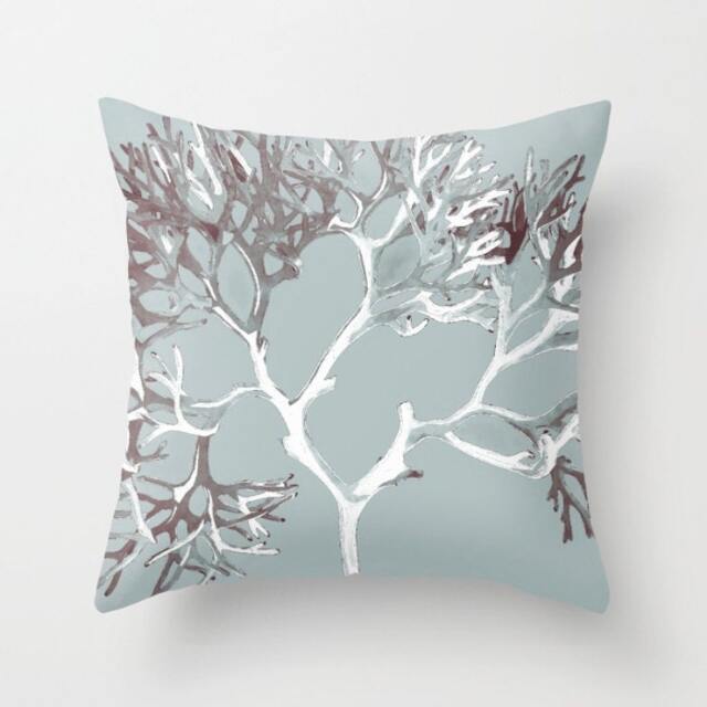 Coral Throw Pillow. 18x18 Pillow Case. Light Blue Taupe Bohemian Sofa Modern Cushion. Decorative - image 1