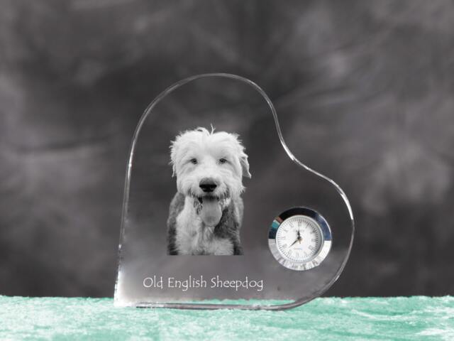 Old English Sheepdog - Crystal Clock in The Shape Of A Heart With Image Pure-Bred Dog - image 1