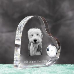 Old English Sheepdog - Crystal Clock in The Shape Of A Heart With Image Pure-Bred Dog - thumbnail 3