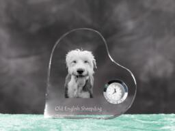 Old English Sheepdog - Crystal Clock in The Shape Of A Heart With Image Pure-Bred Dog - thumbnail 1