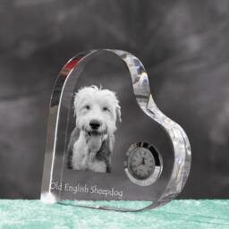 Old English Sheepdog - Crystal Clock in The Shape Of A Heart With Image Pure-Bred Dog - thumbnail 2