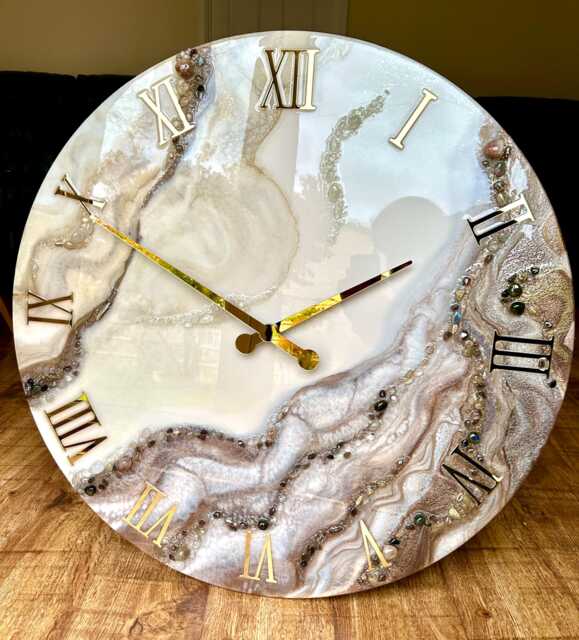 Extra Large Epoxy Resin Wall Clock, Choco-Milk Design, Natural Gemstones - image 1