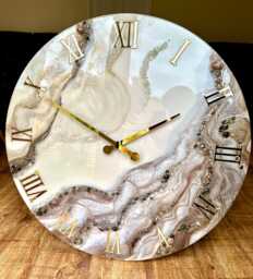 Extra Large Epoxy Resin Wall Clock, Choco-Milk Design, Natural Gemstones - thumbnail 1